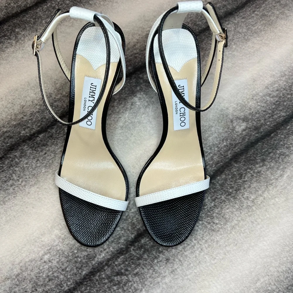 Jimmy Choo Minny 85 mm Lizard Mini Printed Leather Black White Mix Sandal Heels - Picture 3 of 12